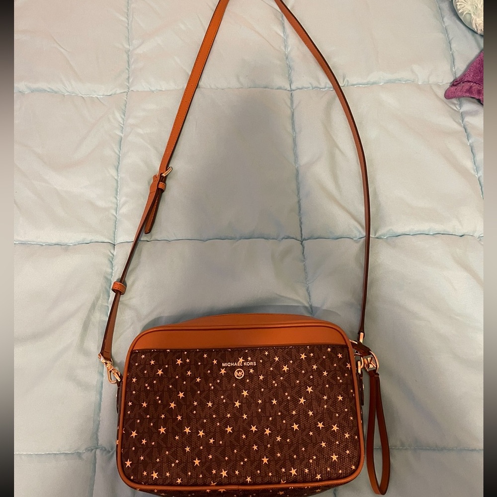 Michael Kors Star Patterned Brown and Orange Crossbody Bag